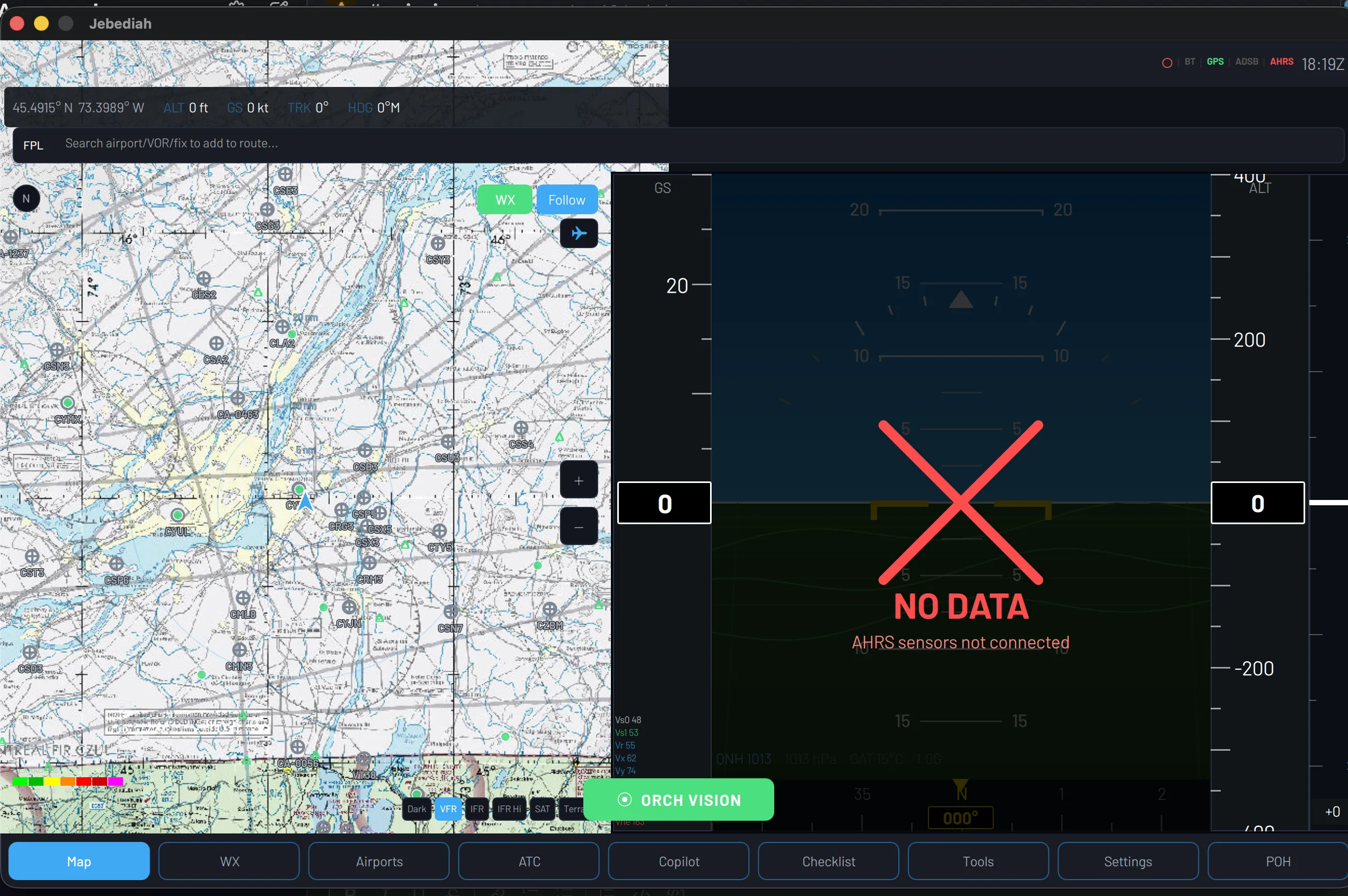 Sectional chart with PFD — AHRS sensors not connected